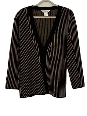 Misook Women’s Medium Black & Tan Striped Knit Cardigan Jacket Modest Mature